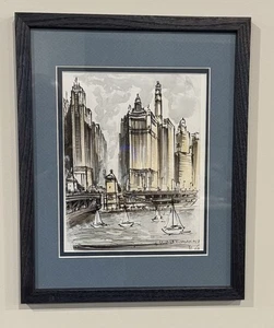 Schizzo firmato acquerello con cornice Michigan Avenue Bridge Chicago - Foto 1 di 9