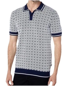 Ted Baker Short Sleeve Jacquard Polo Shirt Mens Size 5 Navy Blue Geometric - Picture 1 of 7