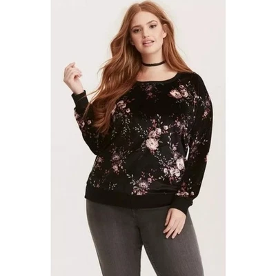 Torrid 4 Women 4x Black Pink Floral Velvet Soft Flower Print Sweatshirt - Image 1 of 4