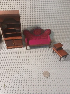 antique Dollhouse Miniature Wood Victorian Living Room Rose Fabric & Mahogany - Picture 1 of 4