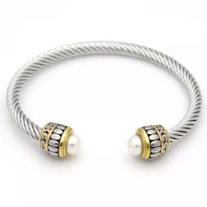 Twisted Cable Open Cuff Bangle Bracelet with Pearl Accent - Picture 1 of 4