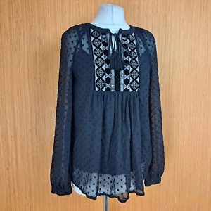 M&S Black Blouse Top UK 6 Boho Sheer Spotted Long Sleeve - New - Picture 1 of 11