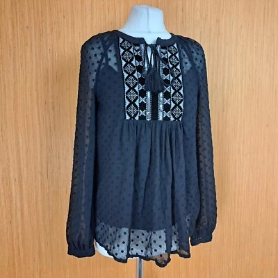 M&S Black Blouse Top UK 6 Boho Sheer Spotted Long Sleeve - New - Image 1 of 4