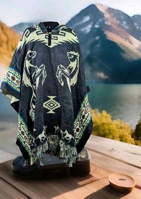 Poncho con Capucha Caballo Western Reversible Lana Alpaca Boho Hippie Vaquero Lagenlook  Foto 1 de 4