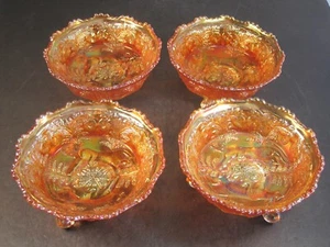 4 Antique Fenton Dark Marigold PANTHER Pattern Footed Carnival Glass Berry Bowls - Picture 1 of 6