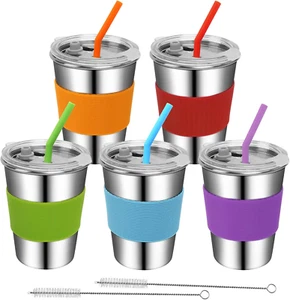 Toddler Cups with Straws, 18/8 Stainless Steel Children Smoothie Drinking Sippy - Picture 1 of 8