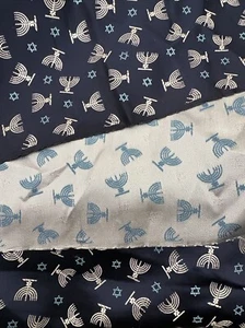 Happy Hanukkah Fabric Menorah Reversible Navy Star Of David Satin By The Yard - Picture 1 of 5