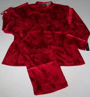 NWT Natori Brocade Red Ryu DRAGON Mandarin Pajama/Lounge Set M SOFT Silky Satin - Image 1 of 4