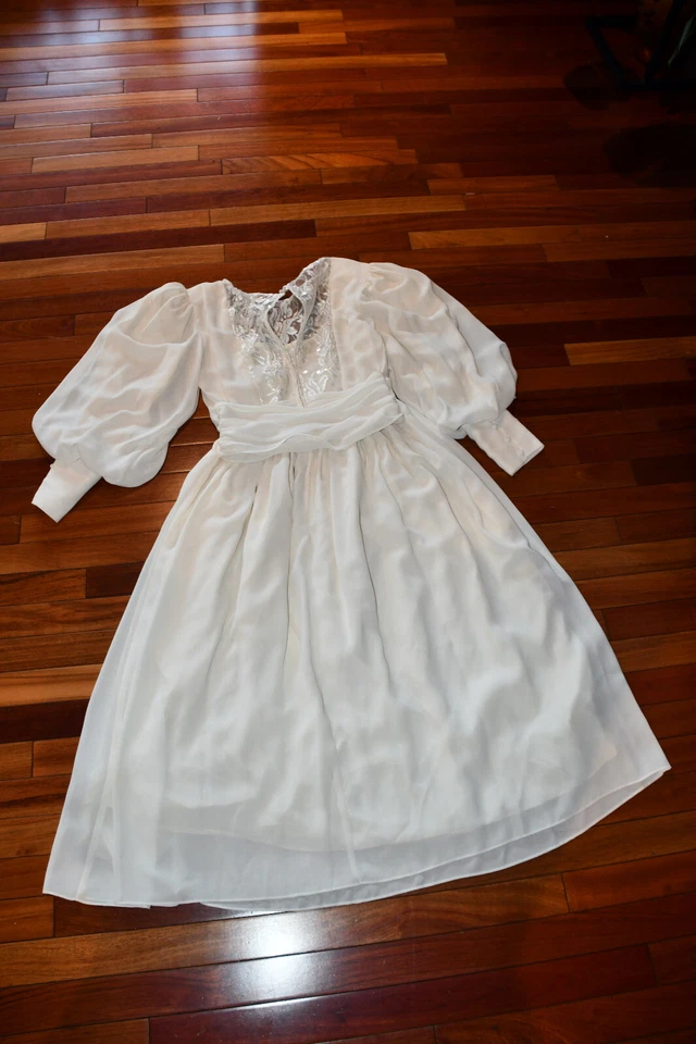 Vestido Vintage Cachet por Bari Protas Anos 80 Marfim Chiffon Modesto Tamanho 9/10 - Imagem 1 de 4