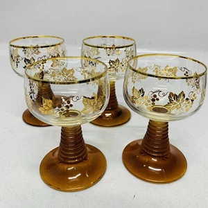 Vintage Bernstein Bienenstock Stiel Wein Cocktail Glas Set/4 Goldrand Bargeschirr Unterhaltung - Bild 1 von 9