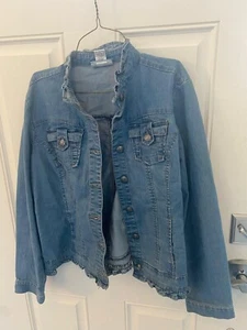 OSO Casuals Women's Blue Ruffled Long Sleeve Denim Button Up Trucker Jacket M - Picture 1 of 3