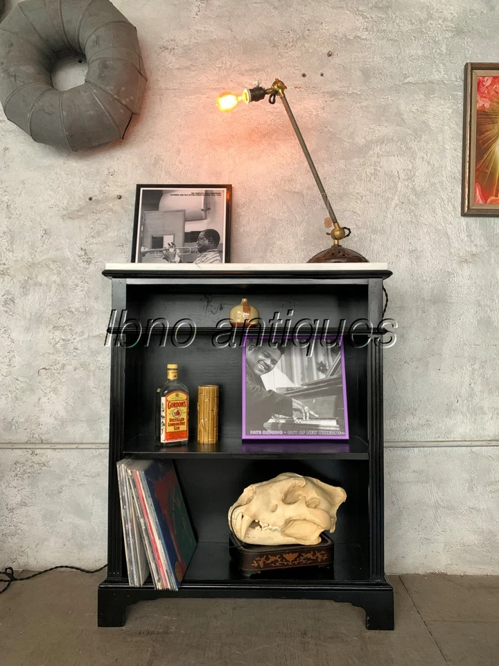 1940s BLACK LACQUERED WOODEN PETITE BOOKCASE W/ MARBLE TOP. BOOKS /VINYL STORAGE - Image 1 of 4