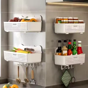 Kitchen Hook Shelves Organiser Wall-Mounted Basket Adhesive Shelf Storage Rack - Picture 1 of 1