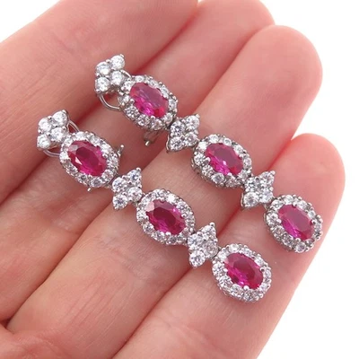 925 Sterling Silver Lab-Created Ruby & C Z Dangle Omega Back Earrings - Image 1 of 4