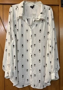 Torrid Sheer White Blouse With Fox & Rabbit Top Hat Print Sz 5 Button Up Long - Picture 1 of 6