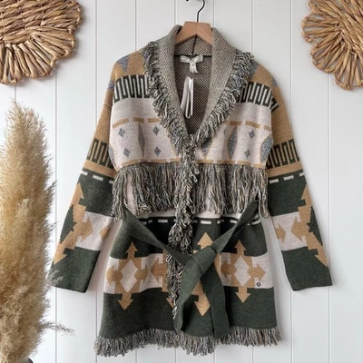 Cárdigan Guess Estampado Azteca Flecos Occidental Suéter Tejido Abrigo Cinturón Boho Mediano Foto 1 de 4