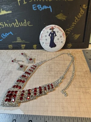 EUC Red Hat Society 22" Faux Diamond Ruby Statement Necklace, Pin Free Earrings - Image 1 of 4