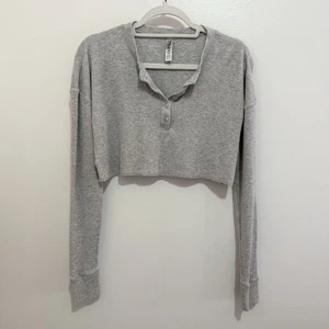 Skims Waffle Knit Cropped Henley Top Small Gray Long Sleeve EUC - Picture 1 of 4