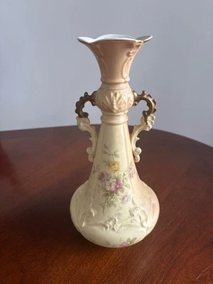 Antique Amphora Vase Hand Painted Wild Roses Rudolstadt Germany 10" - Image 1 of 4
