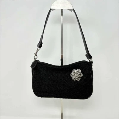 Bolso de hombro vintage de mezcla de lana negro con broche de flores de diamantes de imitación Foto 1 de 4