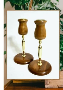 Vintage MCM Mid Century Modern Myrtlewood Wood Taper Candle Holder Pair - Picture 1 of 9