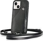 Luckycoin Iphone 14 Pro Max Phone Case With Strap, Genuine Leather Black