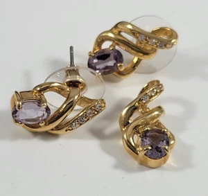 Fashion Earrings Post Stud Pendant Gold Tone Purple Clear Rhinestones Set Lot - Picture 1 of 8