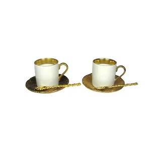 Mike Ally Set 6 Espresso 2 Cups 2 Saucers 2 Spoons Gold Rim Porcelain Turkish - Picture 1 of 13