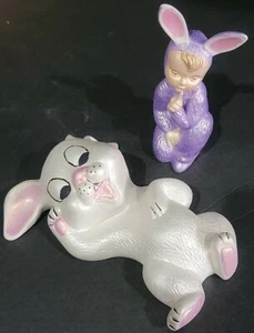 EASTER SPRING DECORATION 2pc Bunny Rabbit Sleeping & quiet baby HOMEMADE CERAMIC - Picture 1 of 12