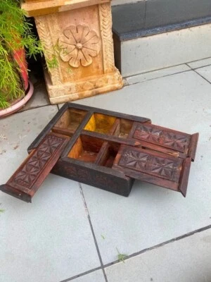 1800's Ancient Old Wooden Hand Carved Floral 3 Compart Spices Box - Image 1 of 4