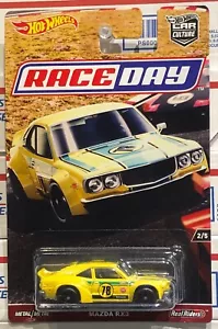 2017 HOT WHEELS MAZDA RX3, YELLOW, #2/5 RACE DAY, CAR CULTURE, REAL RIDERS - Picture 1 of 6