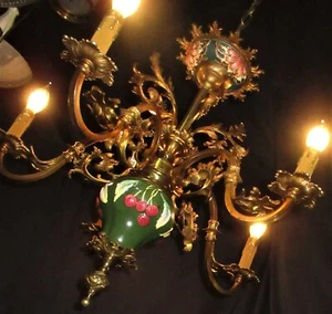 VTG FRENCH SPAIN CAST BRONZE /BRASS CHANDELIER CEILING FIXTURE W/ PORCELAIN PART - Picture 1 of 19