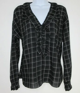 La Vie Rebecca Taylor Size M Check Print Ruffle Blouse Top Black &  White V Neck - Picture 1 of 7