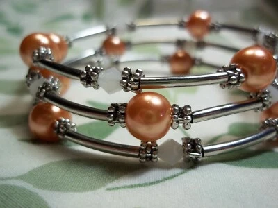 Hand Crafted ORANGE Pearl & Crystal Bead ADJUSTABLE Coil Wrap Bracelet D-08 - Image 1 of 4