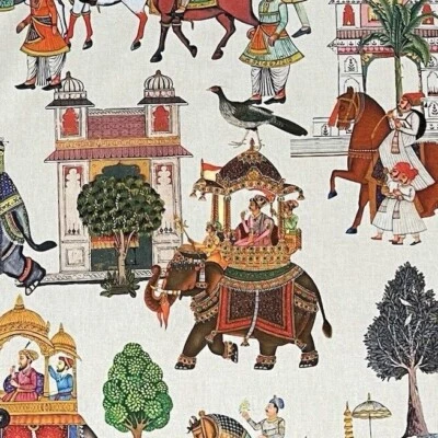 White Jaipur Cotton Fabric Palm Tree Animals Horses Elephants Peacock Maharajah - Image 1 of 4
