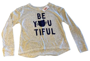 JUSTICE Girl 7 Gray Long Sleeve Navy Blue Glittered Be You Tiful Cat T-Shirt NWT - Picture 1 of 5