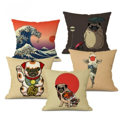 Japanese Style Decorative Cushion Cover Lovely Pug Dog Print Throw Pillow Case - Image 1 of 4