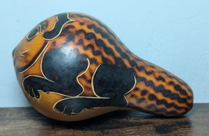Peruvian Folk Art Carved Etched Decorated Gourd Rattle Animal Puma Jaguar - Picture 1 of 6