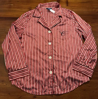Chaps Womens Red Striped Satin Soft Button up Pajama Sleep Shirt Sz Large - Image 1 of 4