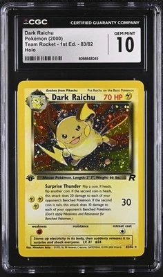 CGC 10 Dark Raichu 2000 Team Rocket 1st Edition 83/82 Holo SWIRL Pokemon Card - Image 1 of 2