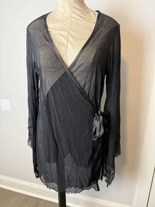 Accappatoio vintage Fredricks Of Hollywood grande nero maglia pizzo orlo manica a tromba - Foto 1 di 10
