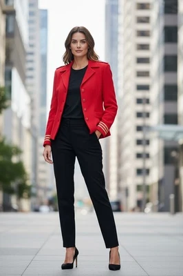 St. John By Marie Gray Red Jacket Women’s Size 12 Gold Trim - Image 1 of 3