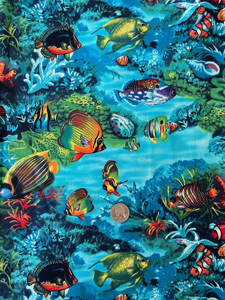 Bright  tropical fish sea reef Ocean material 100% cotton fabric 26" PIECE - Image 1 of 1