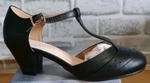WOMENS LADIES MID BLOCK HEEL T-BAR CUT OUT BROGUE COURT SHOES SIZE 4 BLACK - Imagen 1 de 7