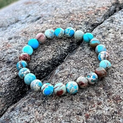 Pulsera elástica de piedras de jaspe imperial azul natural hecha a mano Foto 1 de 2