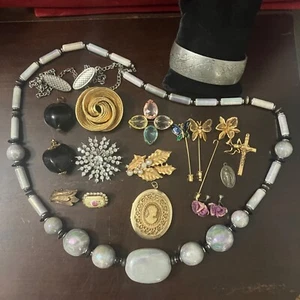 Vintage Jewelry Lot Brooches, Stick Pins, Pendants, Kirk Pewter, Signed, Cameo - Picture 1 of 24