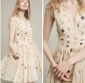 Anthropologie Ranna Gill Cream Blush Pink Metallic Sequin Star Cocktail Dress S - Picture 1 of 12