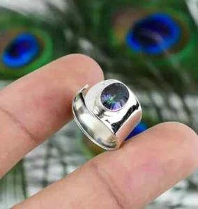 Solid 925 Silver Mystic Topaz Ring Handmade Adjustable Band Ring All Size C602 - Picture 1 of 11
