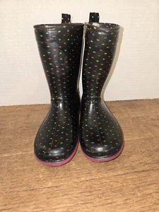 Girls Rain Boots Sz 10 Black W/ Multi Color Polka Dots VERY Clean. - Picture 1 of 5