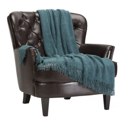 Chanasya Roundpearl Teal Textured Super Soft Acrylic Throw Blanket With Tassels - Image 1 of 3
